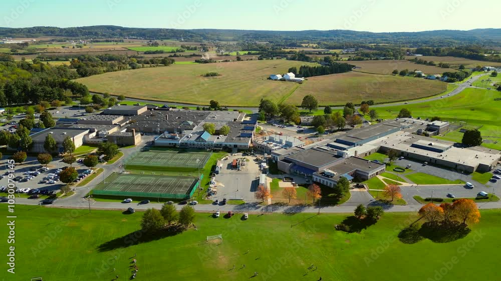 Aerial drone view of high school. Aerial drone view of high school.