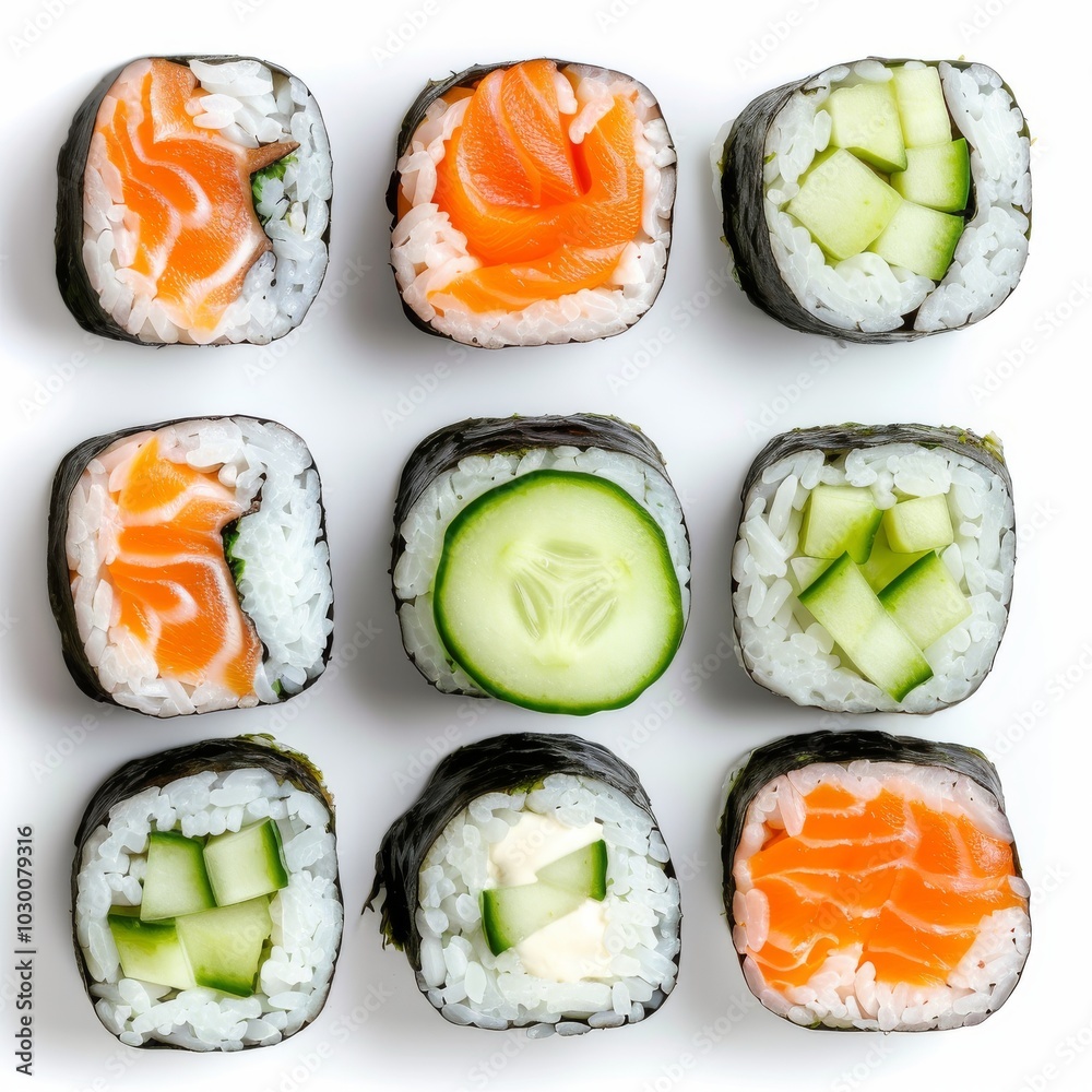 Various Maki Sushi Set Isolated on White Background Top View. Baked Norimaki Rolls