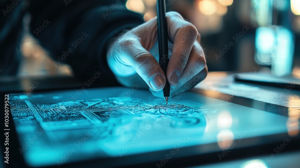 Hand writing on digital tablet with stylus in creative workspace Hand writing on digital tablet with stylus in creative workspace
