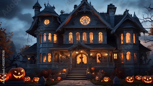 A Halloween hauntingly moody house with glowing pumpkins lining the pathway, Halloween scary design of house poster, spooky scary environment of the mansion, holiday event