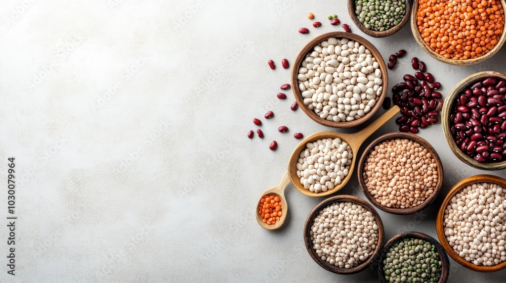 Assorted dried beans and lentils in bowls on a light grey background with copy space. Assorted dried beans and lentils in bowls on a light grey background with copy space.