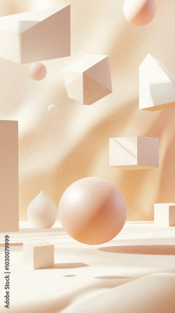 An abstract background with floating 3D geometric solid shapes in ...