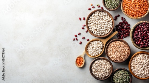 Assorted dried beans and lentils in bowls on a light grey background with copy space.