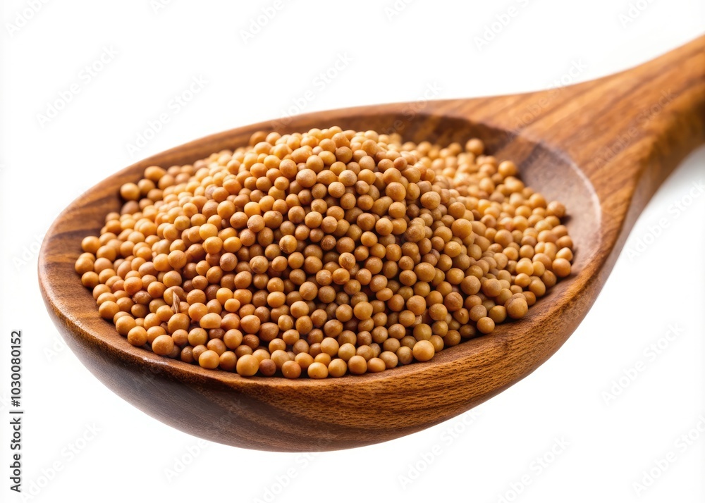 Isolated on a transparent background, a wooden spoon filled with mustard seeds offers a culinary touch for recipes, enhancing flavors and creativity in your cooking. Isolated on a transparent background, a wooden spoon filled with mustard seeds offers a culinary touch for recipes, enhancing flavors and creativity in your cooking.