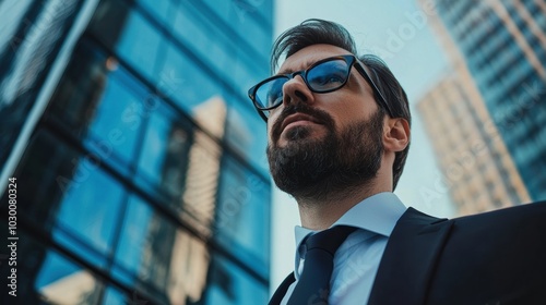 Confident Corporate Businessman Wearing Suit and Eyeglasses in the City Skyline