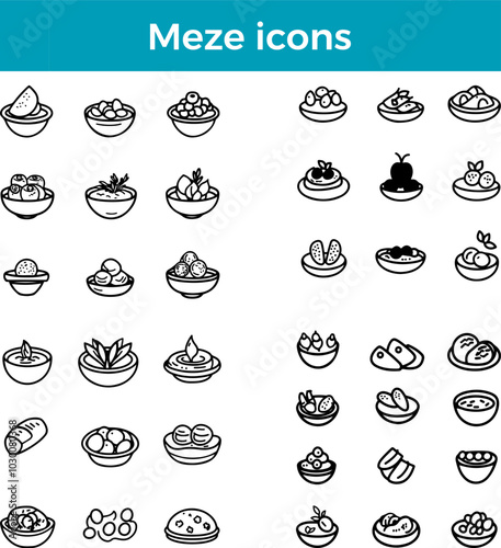 Meze icons line Mediterranean appetizer spread vector traditional food small plates cuisine illustration set