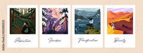 Set of instant print photos with landscapes. Cards with memory about travels at nature. Photographs in frame with people are in forest, mountain, desert, cliff above sea. Flat vector illustrations