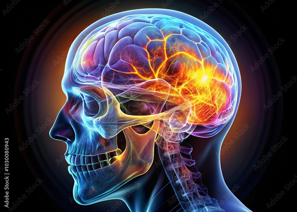 Futuristic Human Skull with Brain X-Ray Visualization in 3D Illustration for Medical Science and Technology, Anatomical Detail, Digital Art, and Visual Effects