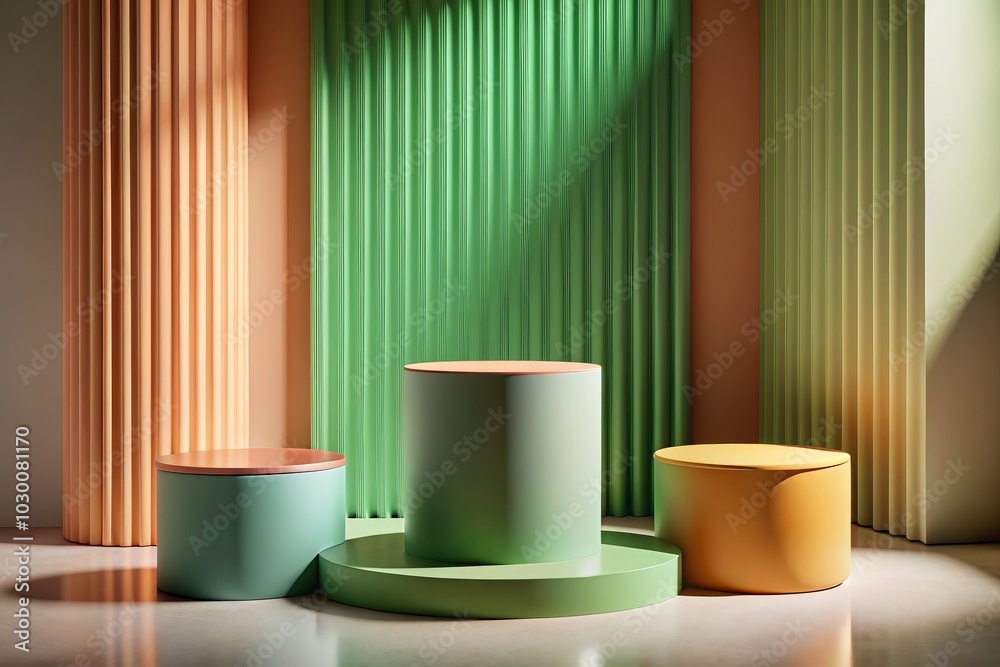 Geometric Minimalist 3D Podium Set for Product Display in Soft Pink, Green, and Orange Hues - Contemporary Abstract Design with High Depth of Field for Mockup Presentation Geometric Minimalist 3D Podium Set for Product Display in Soft Pink, Green, and Orange Hues - Contemporary Abstract Design with High Depth of Field for Mockup Presentation