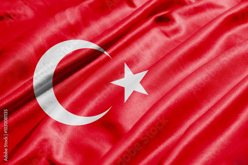 3D illustration of satin Turkish flag with wavy fabric texture