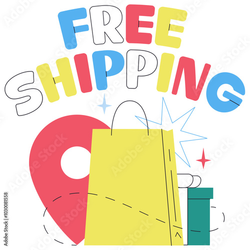 Lettering Free Shipping text with gifts and location sign