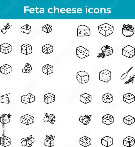 Feta cheese icons line Greek dairy product vector traditional food crumbly cheese block cuisine illustration set