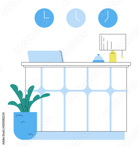 Hotel reception desk with several wall clocks