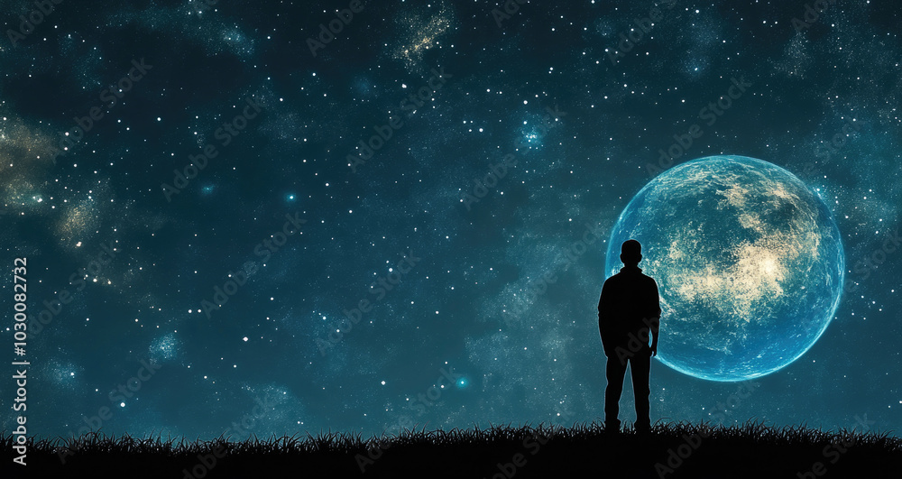 Obraz premium Silhouetted man stands under star-filled night sky gazing at large illuminated planet