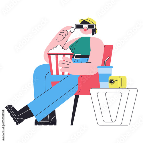 Woman watching a movie with popcorn