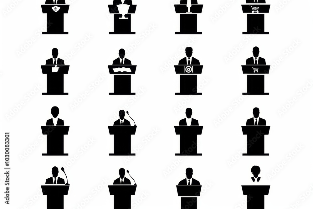 Speech stand icon, podium and microphone in conference room, speaker tribune, lecture stand Speech stand icon, podium and microphone in conference room, speaker tribune, lecture stand