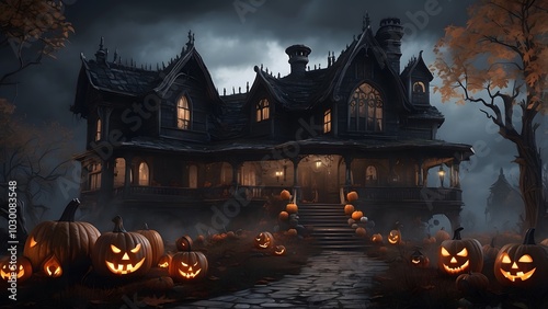 A Halloween hauntingly moody house with glowing pumpkins lining the pathway, Halloween scary design of house poster, spooky scary environment of the mansion, holiday event photo