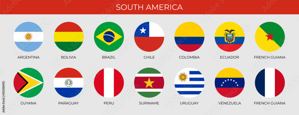 Set of round flags of South American countries in alphabetical order. Vector illustration Set of round flags of South American countries in alphabetical order. Vector illustration