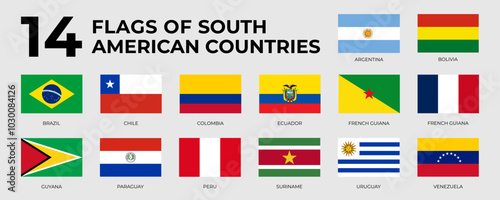A set of rectangle flags of South American countries in alphabetical order. Detailed national flags of South America countries, including small states. Vector illustration