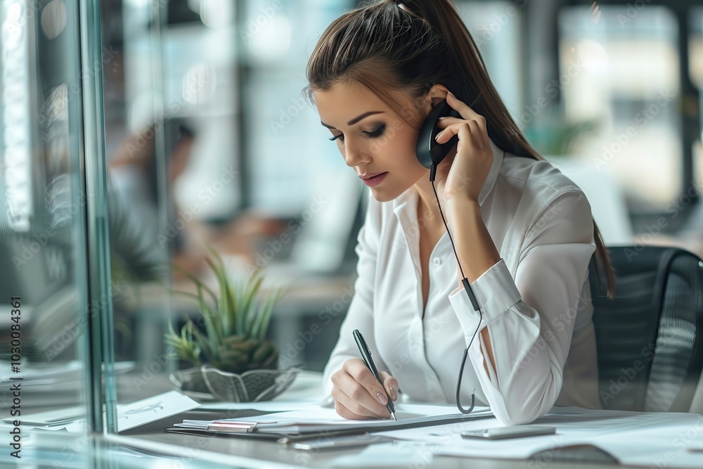 Young woman entrepreneur talking over telephone while working laptop at her desk. Busy Long hair businesswoman with office work holding cellphone device using mobile phone. Female worker calling phone Young woman entrepreneur talking over telephone while working laptop at her desk. Busy Long hair businesswoman with office work holding cellphone device using mobile phone. Female worker calling phone