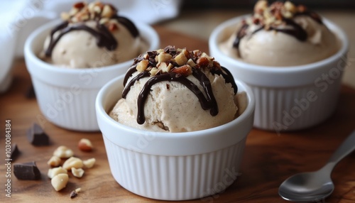 Three scoops of creamy ice cream topped with chocolate sauce and chopped nuts.