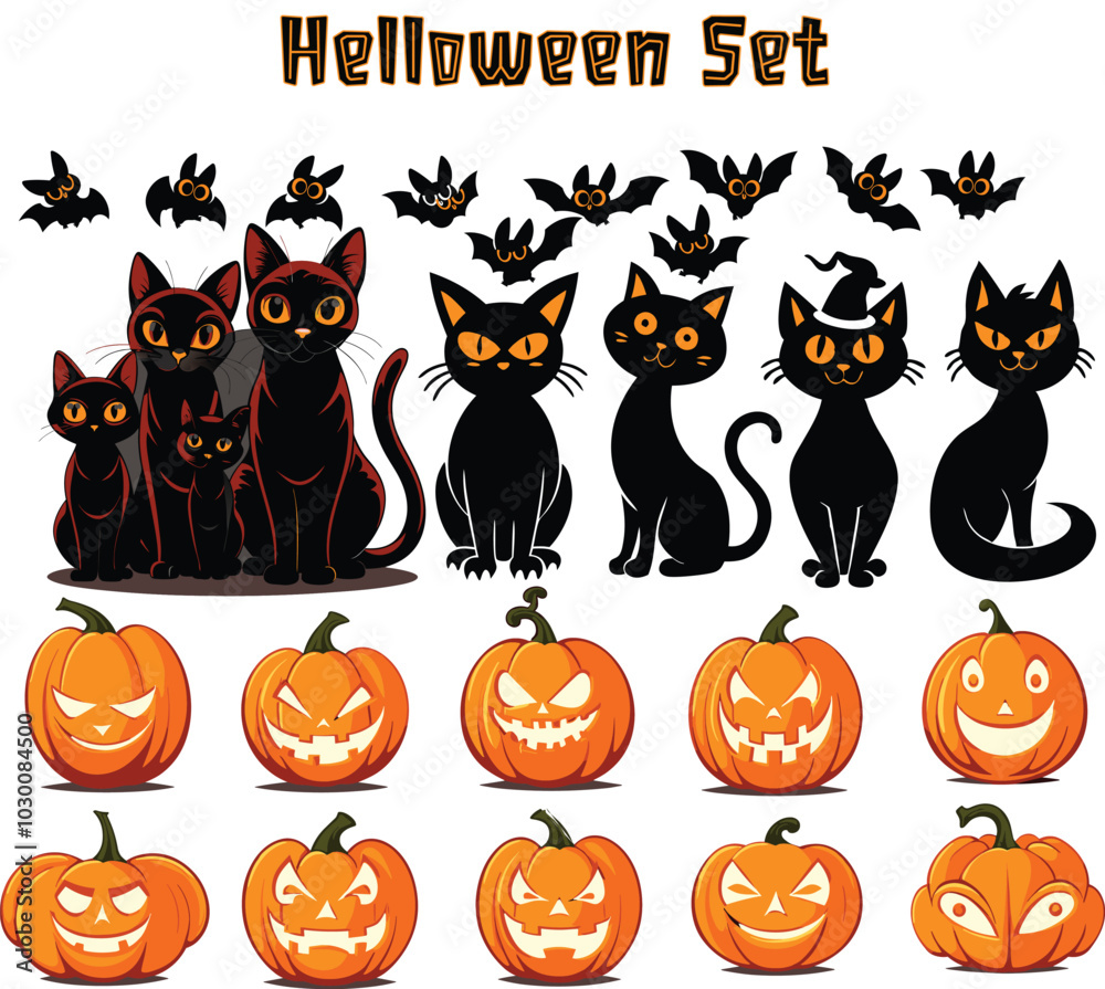 Halloween clipart with bats, pumpkin, black cat. Vector cartoon cute characters with scary smile. Fall party cosplay costume sticker set. Halloween clipart with bats, pumpkin, black cat. Vector cartoon cute characters with scary smile. Fall party cosplay costume sticker set.