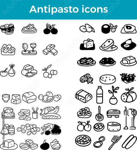 Antipasto icons line Italian appetizer platter cheese meats olives vegetables vector traditional food cuisine set