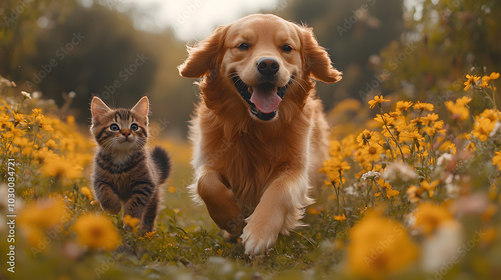 A Golden Retriever, a White Cat, and a Brown Tabby Kitten Playfully Interacting in a Bright and Cheerful Setting, Showcasing the Joy of Animal Companionship and Friendship in a Warm, Inviting Environm A Golden Retriever, a White Cat, and a Brown Tabby Kitten Playfully Interacting in a Bright and Cheerful Setting, Showcasing the Joy of Animal Companionship and Friendship in a Warm, Inviting Environm