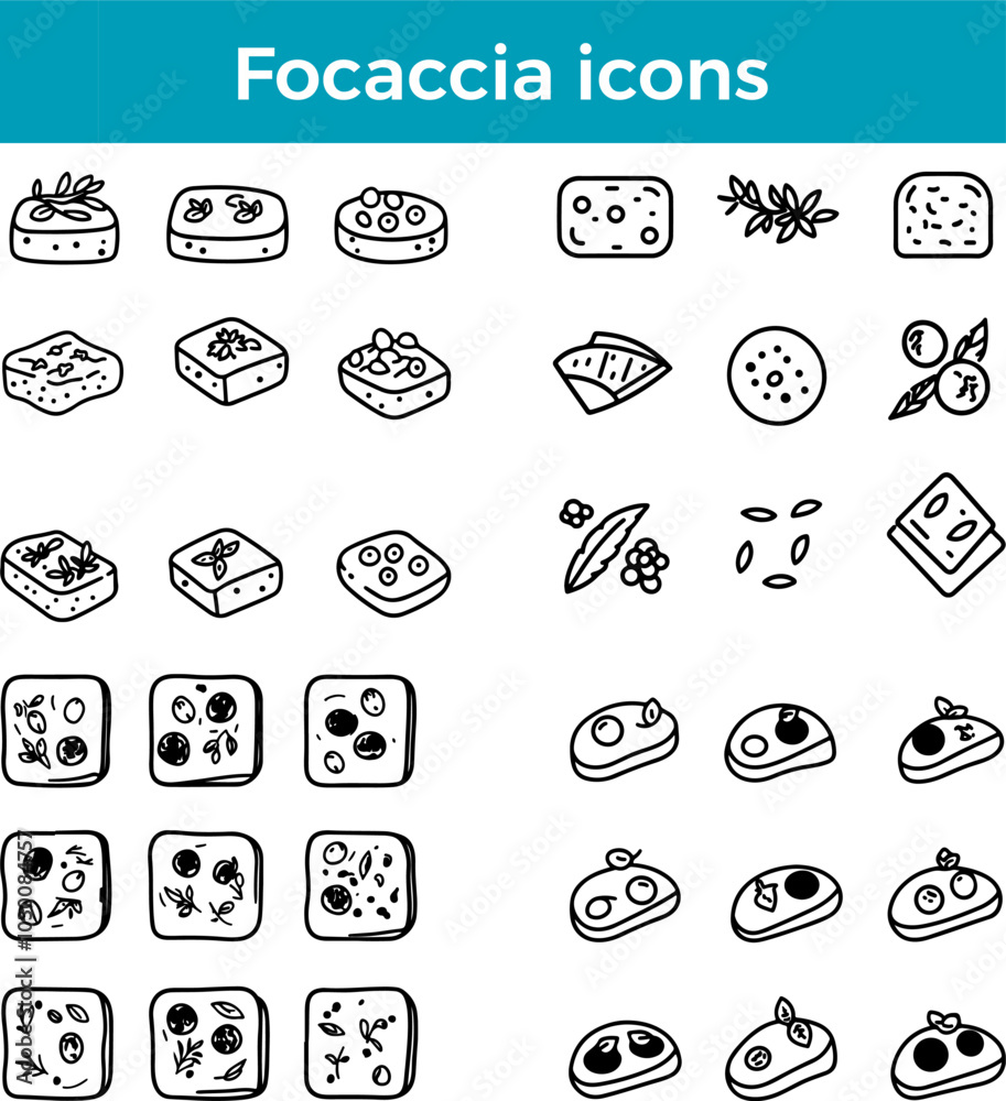 Fototapeta premium Focaccia icons line Italian flatbread olive oil herb topping vector traditional food bakery cuisine illustration set