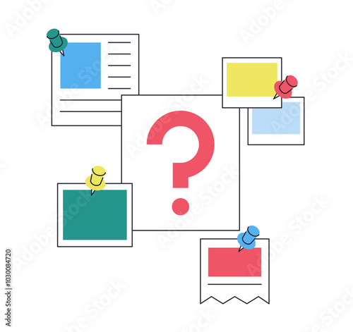 sheet with big question mark with papers and photos around