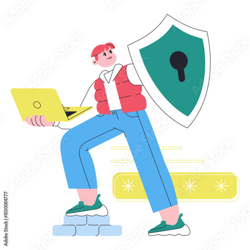 Man with shield protecting information on laptop