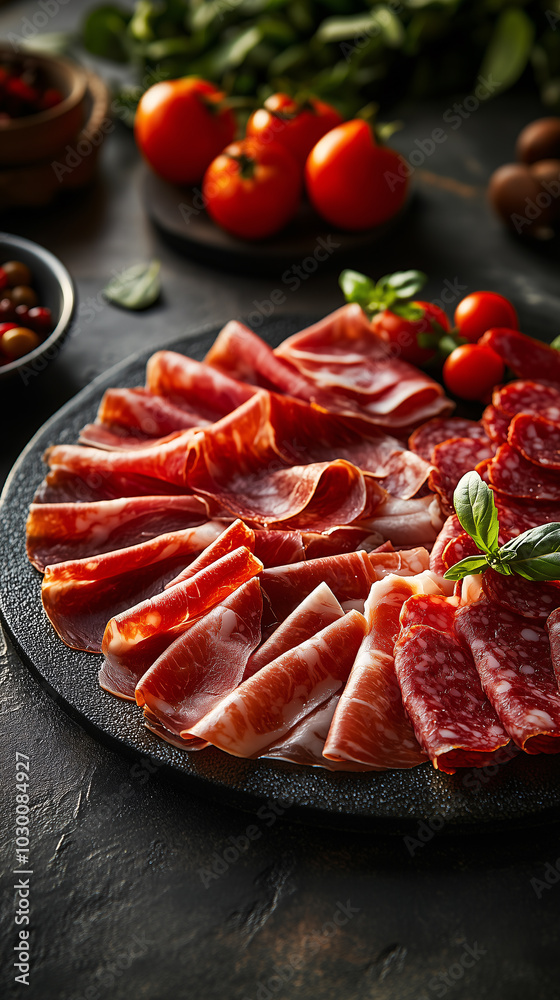 Delicious selection of spanish cured meats, cheese, and olives arranged on a stone serving board, perfect for sharing Delicious selection of spanish cured meats, cheese, and olives arranged on a stone serving board, perfect for sharing