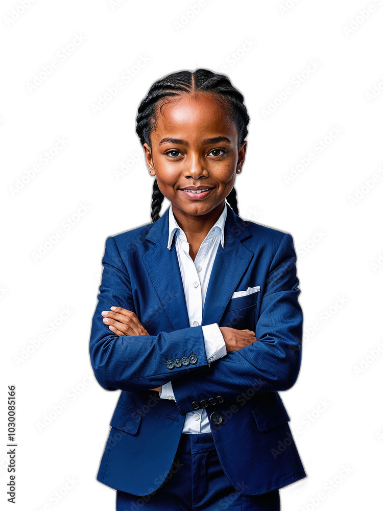 スーツ姿のアフロヘアの子供ビジネスウーマンが堂々としたポーズを取る。PNG, 生成AI