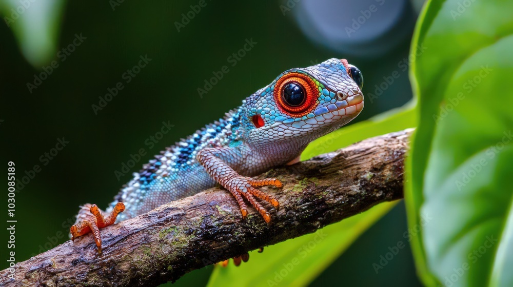 A colorful, small lizard with big eyes rests on a jungle branch. A colorful, small lizard with big eyes rests on a jungle branch.