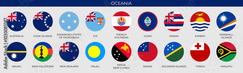 Set of round flags of Oceanian countries in alphabetical order. Vector illustration