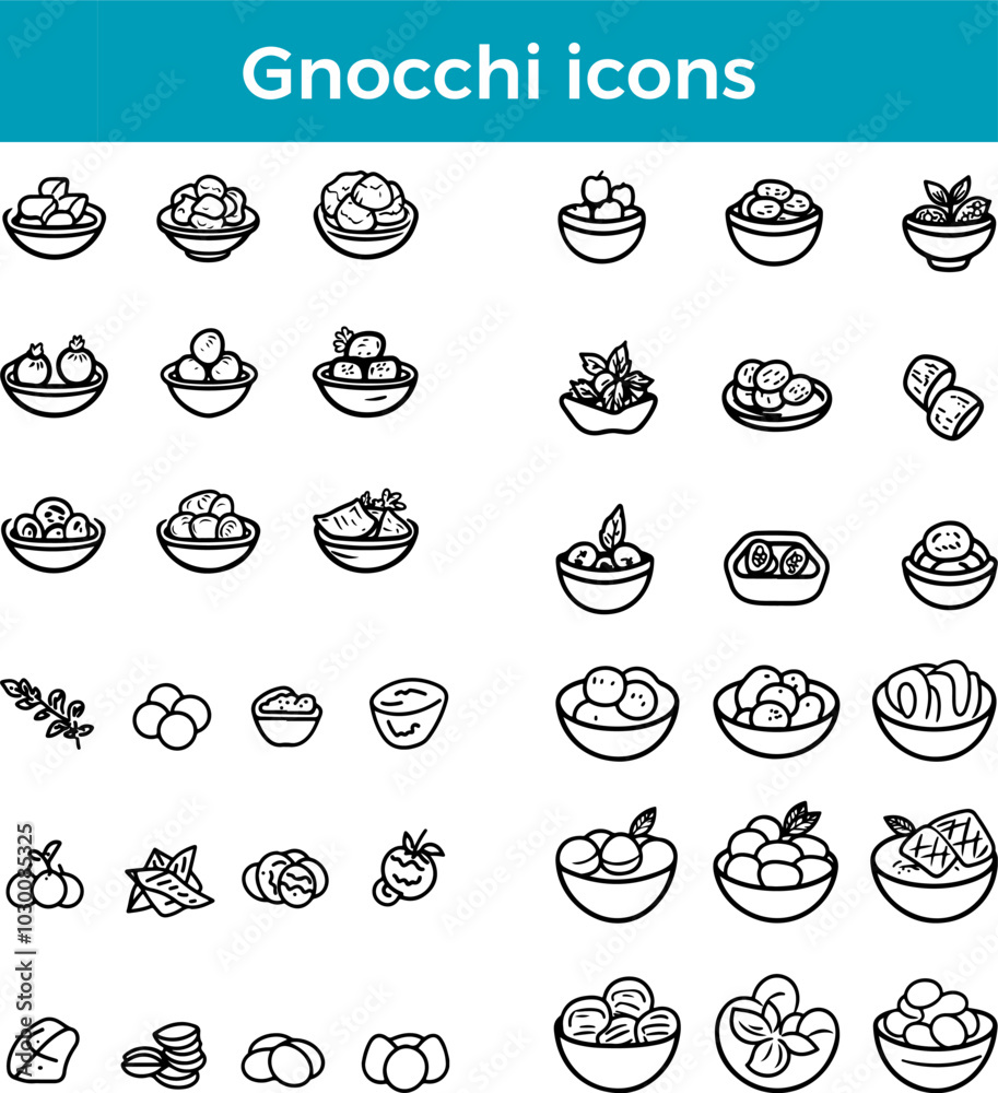 Gnocchi icons line Italian dumpling pasta vector traditional food potato dish cuisine illustration set Gnocchi icons line Italian dumpling pasta vector traditional food potato dish cuisine illustration set