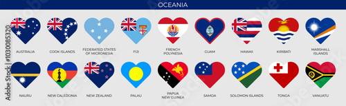 Set of heart flags of Oceanian countries. Patriotic symbol. Vector illustration