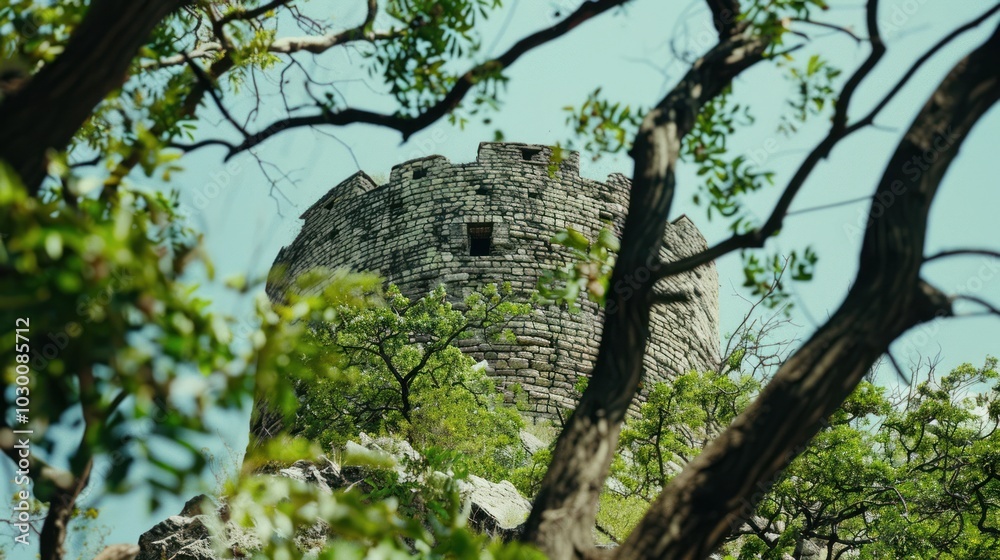 Fototapeta premium Stone Tower Partially Hidden by Lush Foliage