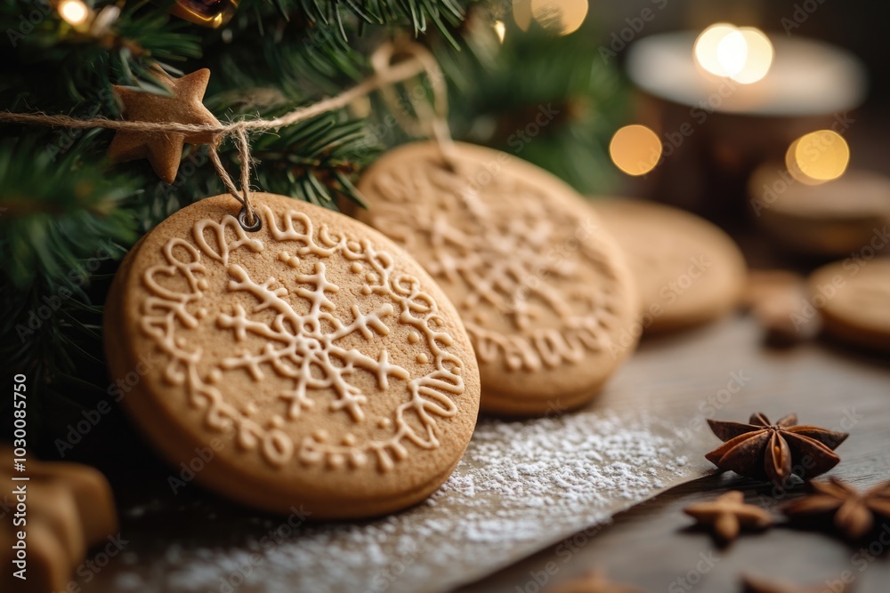 Christmas cookies hanging on Christmas tree. kids Christmas craft. ai generated Christmas cookies hanging on Christmas tree. kids Christmas craft. ai generated