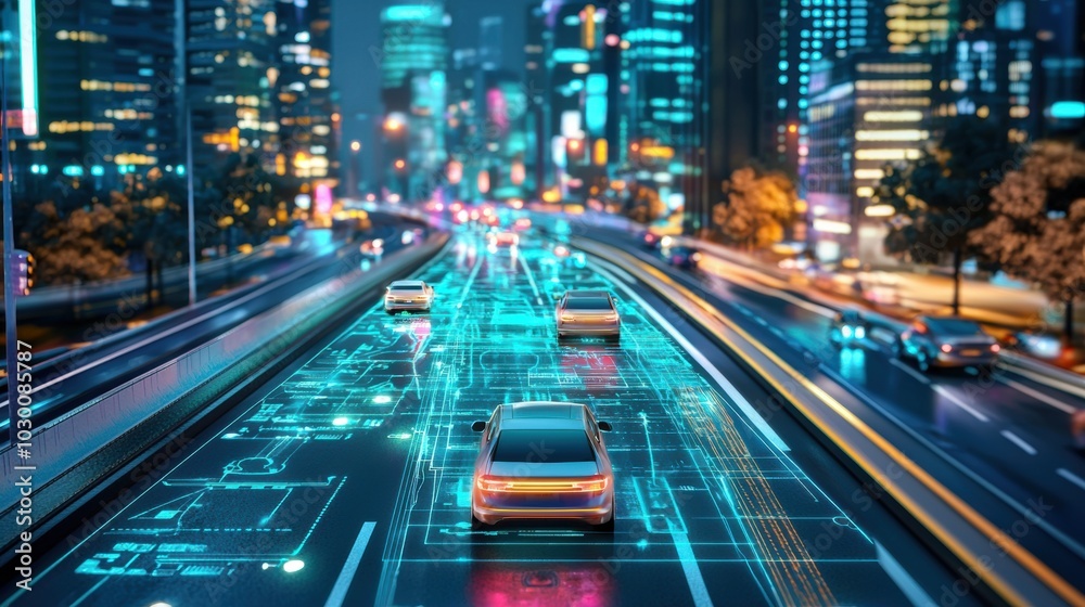 Futuristic Urban Metropolis at Night with Illuminated Traffic Streaming Through Technological Infrastructure Futuristic Urban Metropolis at Night with Illuminated Traffic Streaming Through Technological Infrastructure