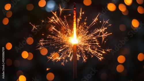 Sparkling handheld firework burning brightly with bokeh lights in background