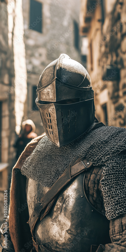 Medieval knight in full armor standing in an ancient stone alley Medieval knight in full armor standing in an ancient stone alley
