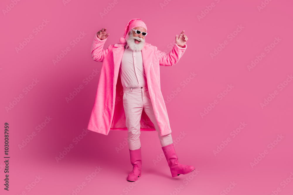 Photo of cheerful glad funny man wear trendy bright bathrobe boots celebrate valentine day event isolated on pink color background Photo of cheerful glad funny man wear trendy bright bathrobe boots celebrate valentine day event isolated on pink color background