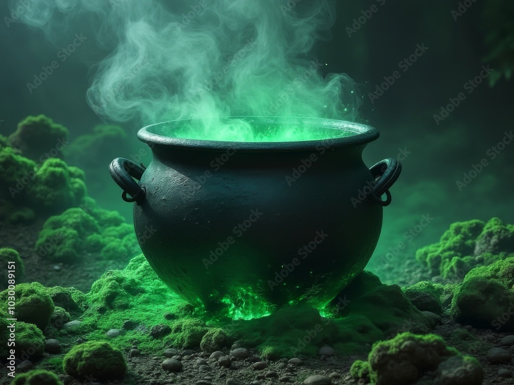 Black cauldron with glowing green smoke in a foggy forest, surrounded by moss, evoking a mystical and eerie atmosphere Black cauldron with glowing green smoke in a foggy forest, surrounded by moss, evoking a mystical and eerie atmosphere