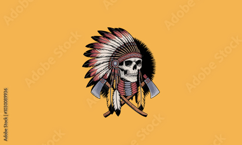 Skull with Native American headdress and crossed tomahawks.