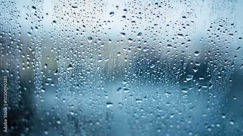 Droplets of rain on windowpane, creating blurred, tranquil view outside Droplets of rain on windowpane, creating blurred, tranquil view outside