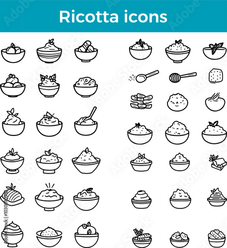 Ricotta icons line Italian fresh cheese vector dairy product soft texture traditional food cuisine illustration set