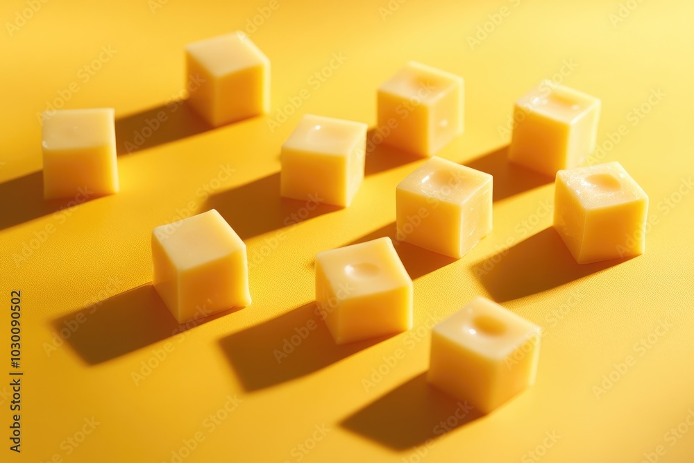Square-shaped yellow candies on a yellow surface Square-shaped yellow candies on a yellow surface