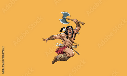 Native warrior leaping with a double-edged axe in hand.