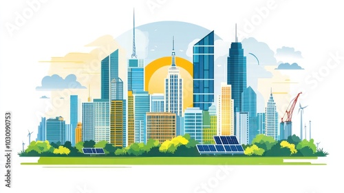 A colorful illustration of a modern cityscape with solar panels and wind turbines, showcasing sustainable energy practices and a focus on environmental responsibility.